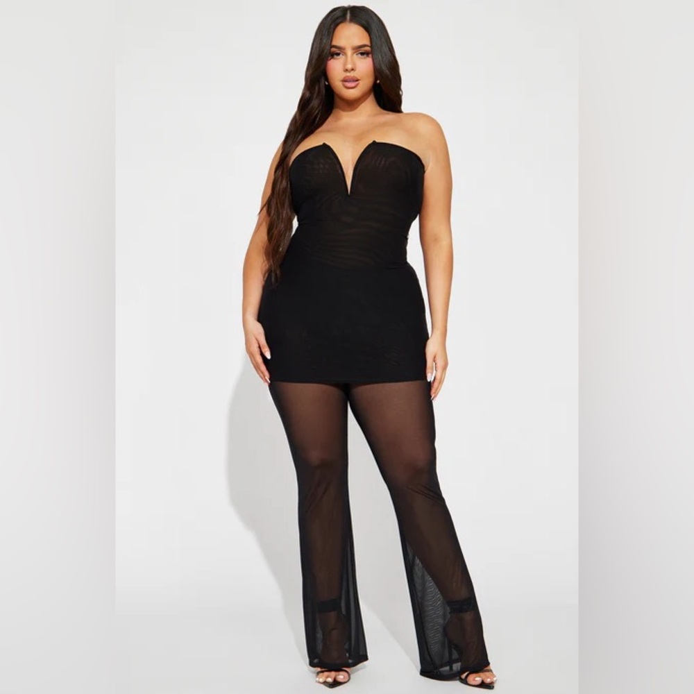 Black Strapless Jumpsuit with Sheer Legs